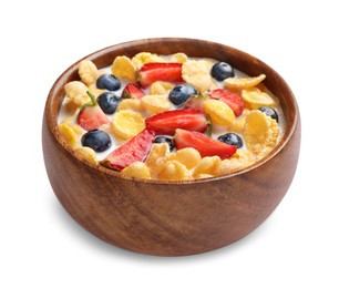Bowl of tasty crispy corn flakes with milk and berries isolated on white, closeup