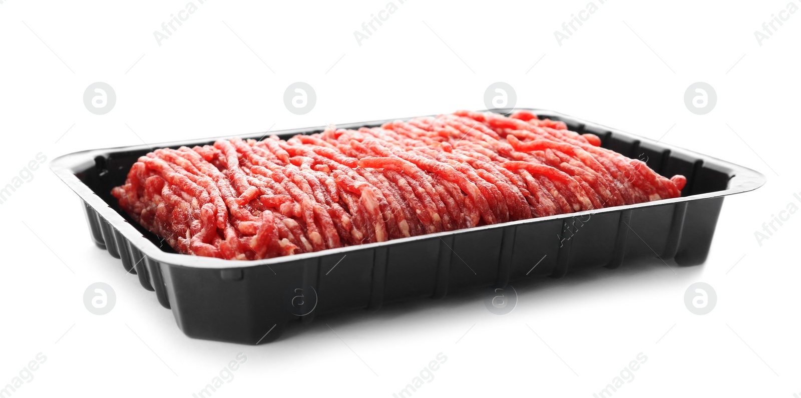 Photo of Fresh raw minced meat on white background