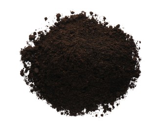 Photo of Pile of soil on white background, top view. Fertile ground