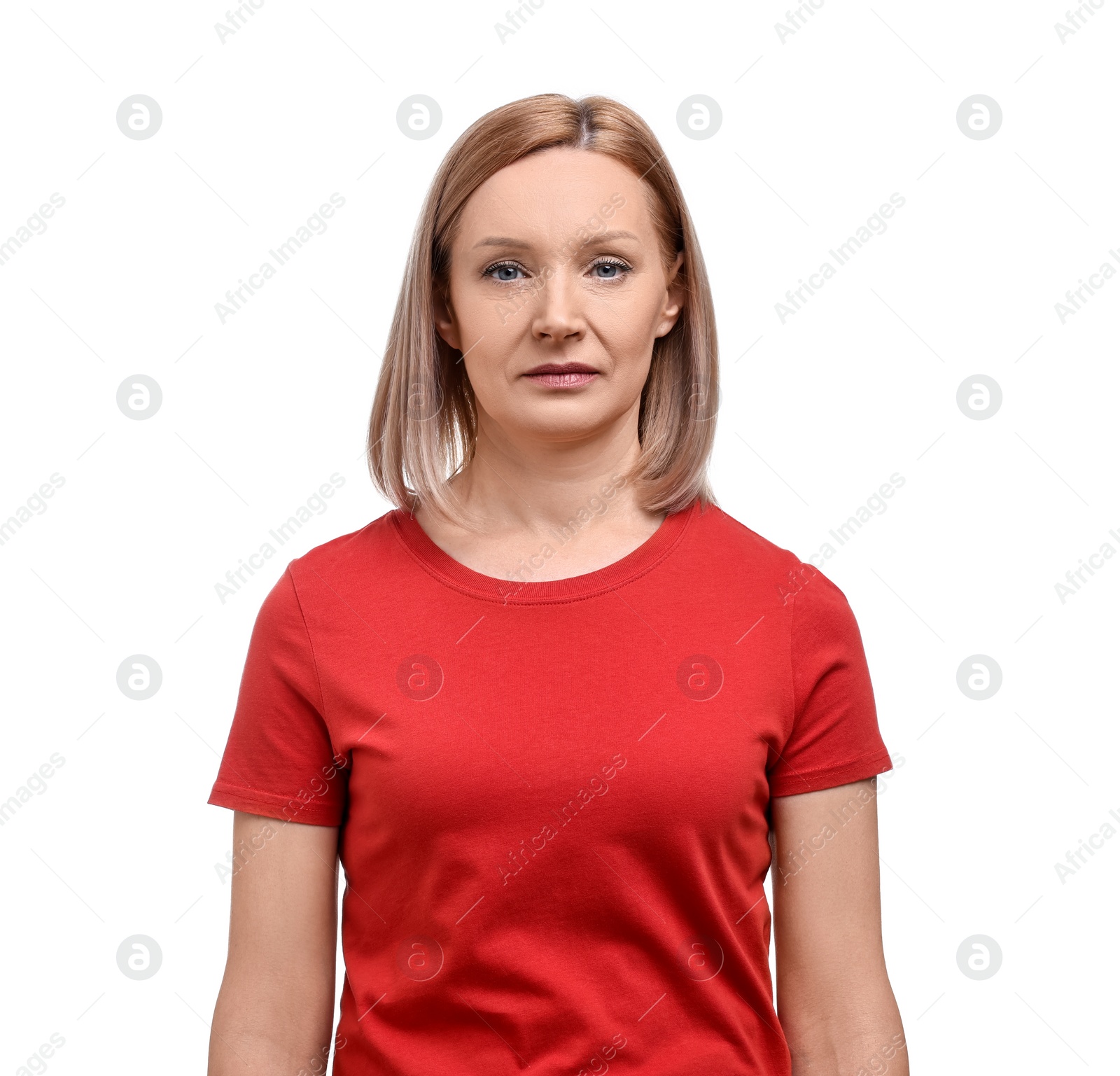 Photo of Sad woman in red t-shirt on white background