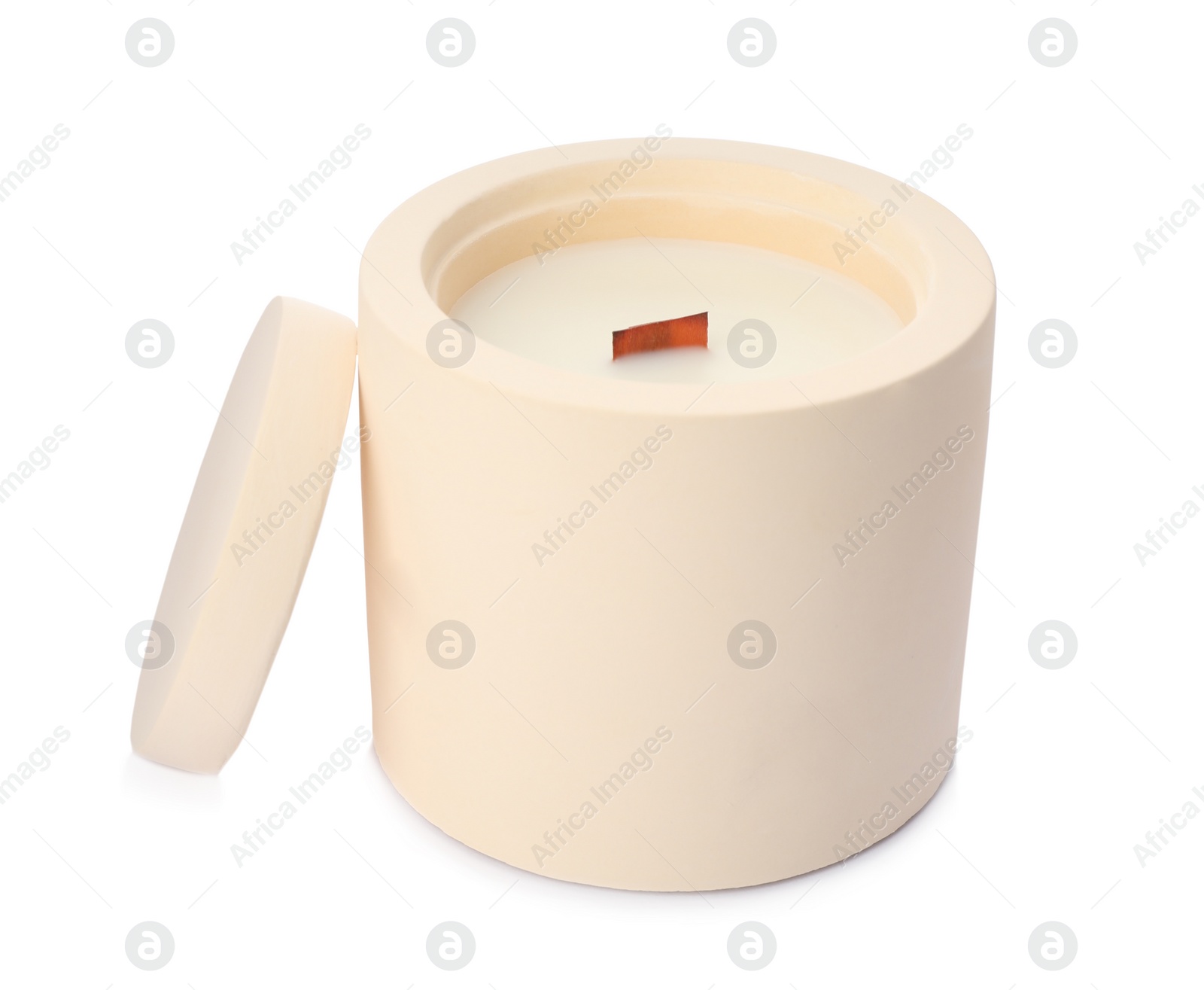 Photo of Aromatic soy candle with wooden wick isolated on white