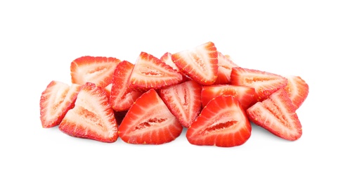 Photo of Halves of delicious fresh strawberries on white background