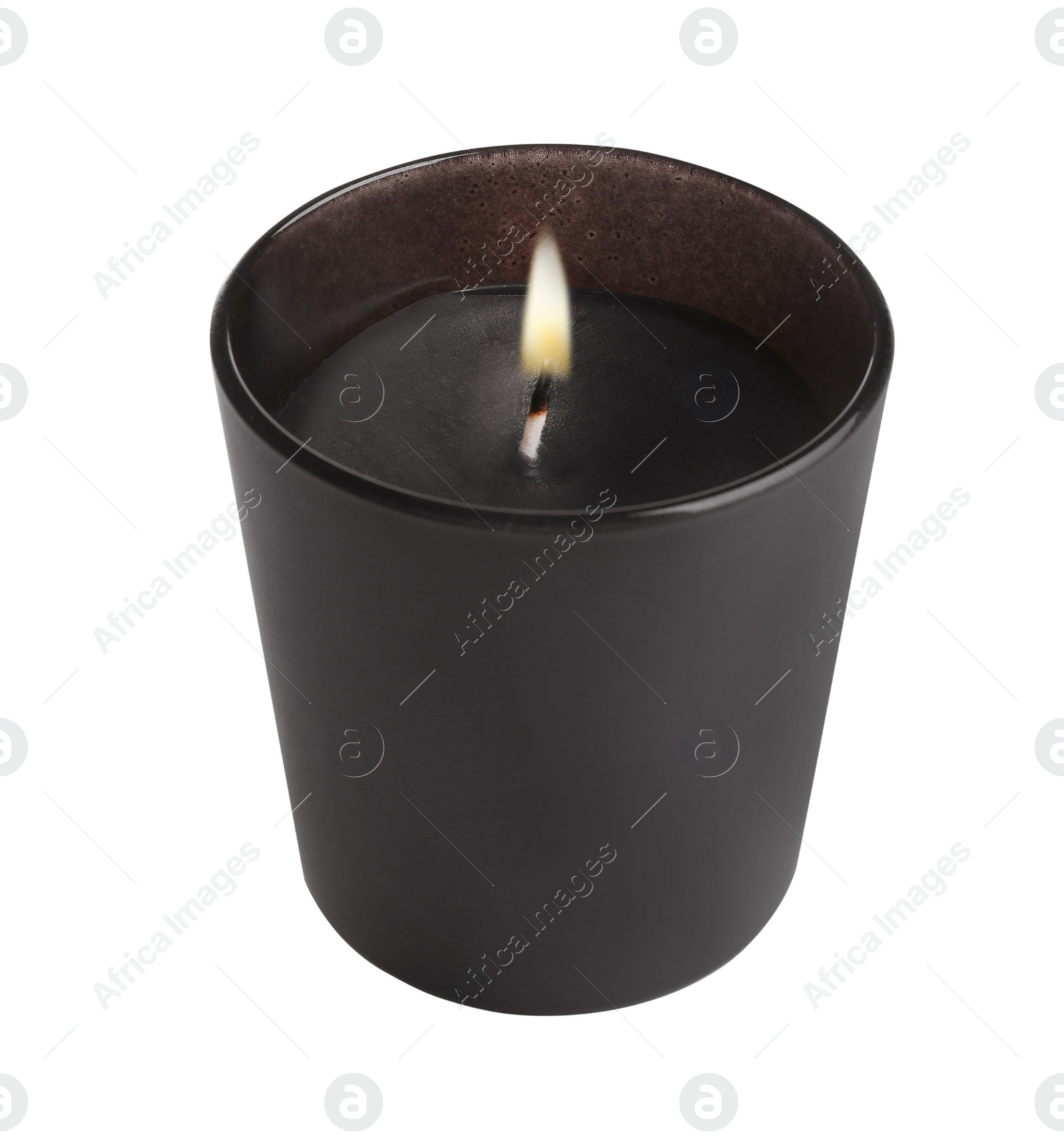 Photo of Aromatic burning candle in black holder isolated on white