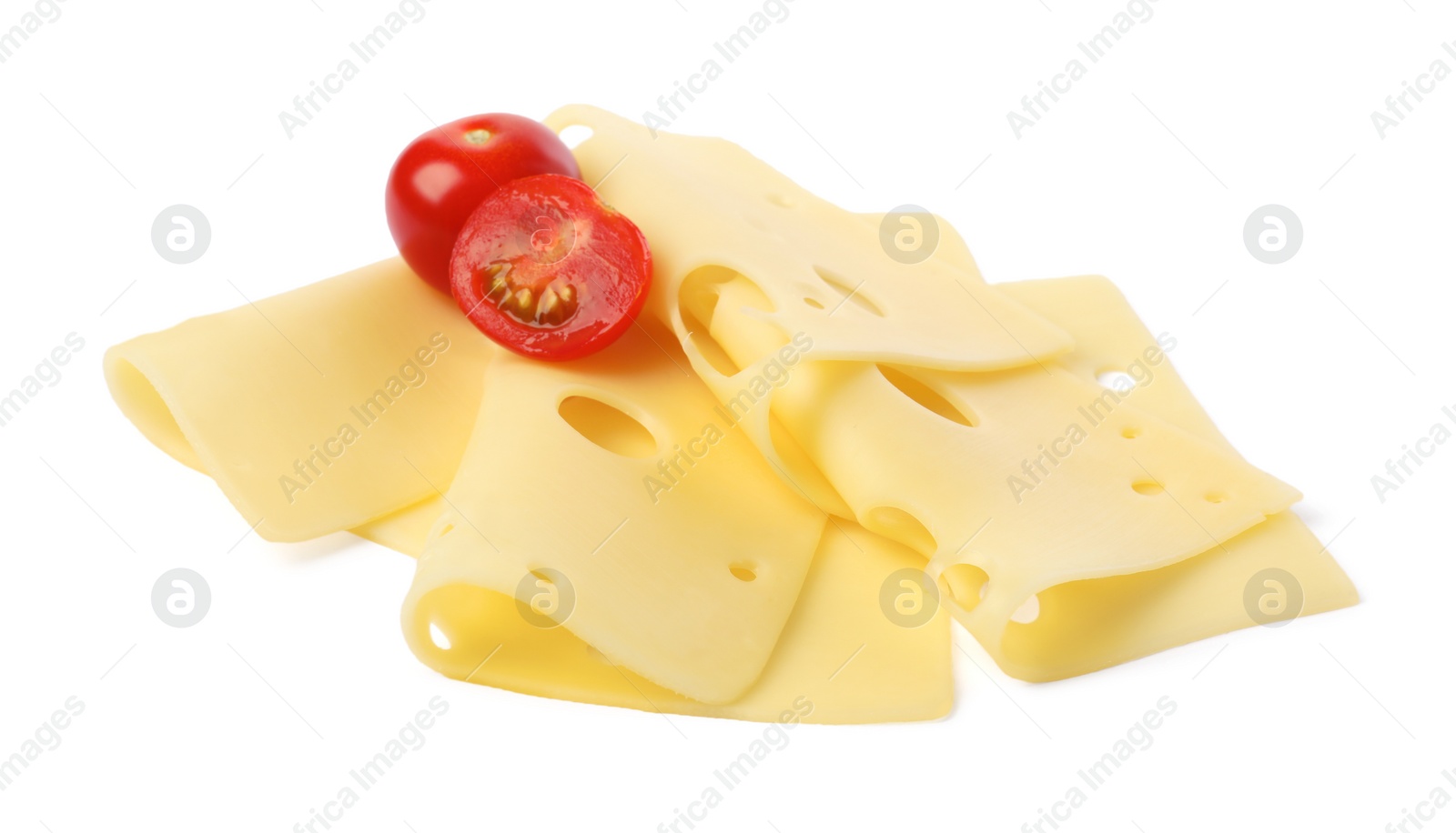 Photo of Slices of tasty fresh cheese and tomatoes isolated on white