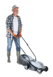 Senior man with modern lawn mower on white background