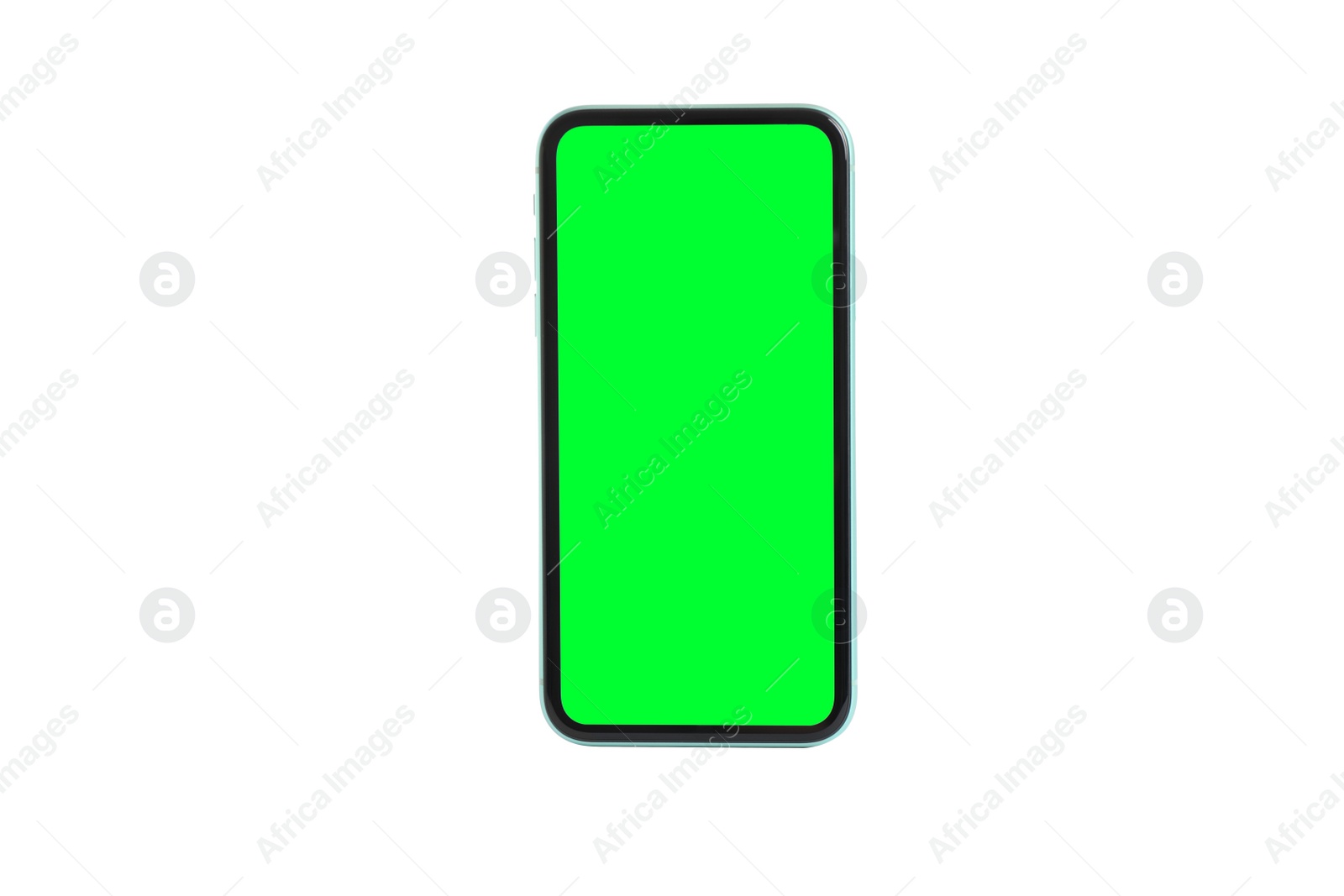 Image of Smartphone with green screen on white background. Mockup for design