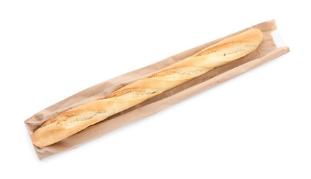 Photo of Tasty baguette and package isolated on white, top view. Fresh bread