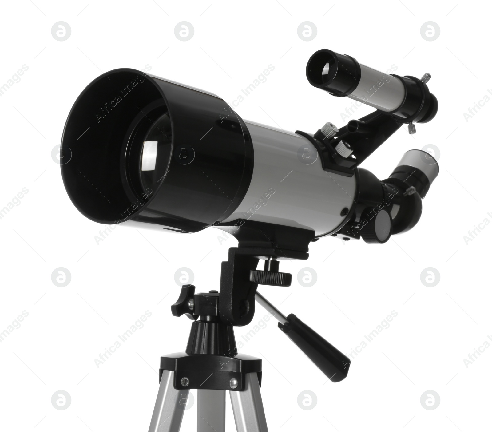 Photo of Tripod with modern telescope isolated on white