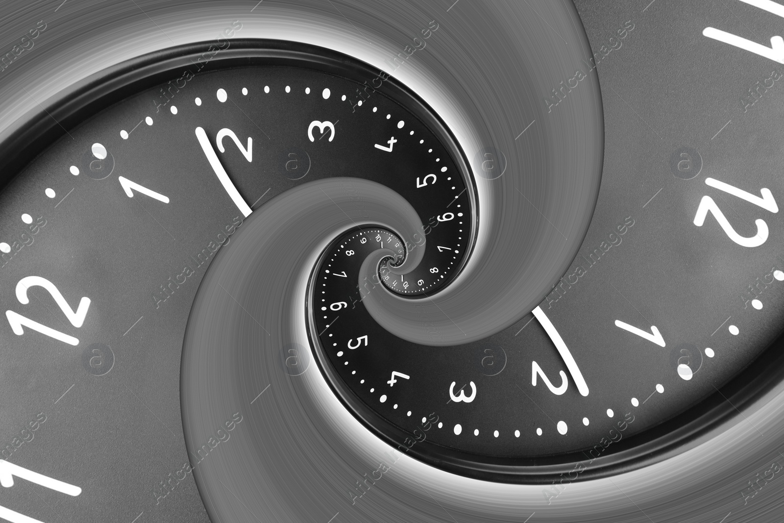 Image of Infinity and other time related concepts. Black clock face twisted in spiral, fractal pattern