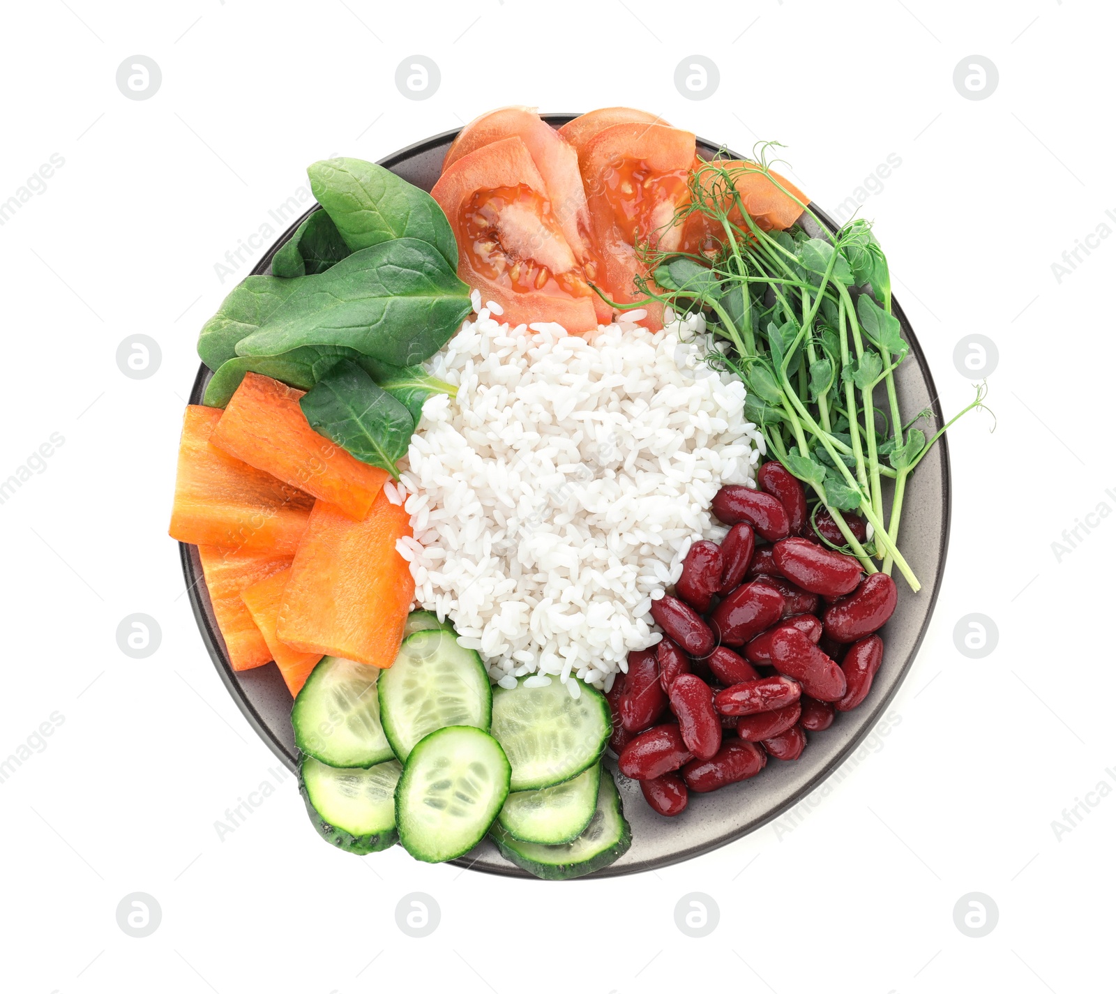 Photo of Tasty rice with beans and vegetables isolated on white, top view