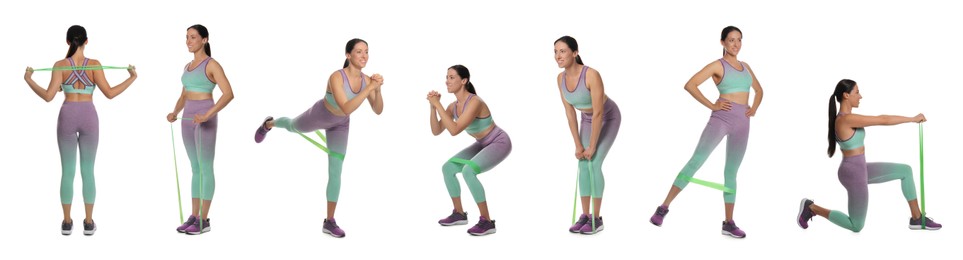 Image of Woman doing sportive exercises with fitness elastic band on white background, collage. Banner design