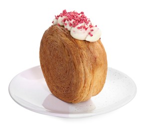 Photo of Round croissant with cream isolated on white. Tasty puff pastry