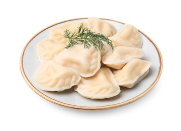 Photo of Cooked dumplings (varenyky) with tasty filling and dill on white background