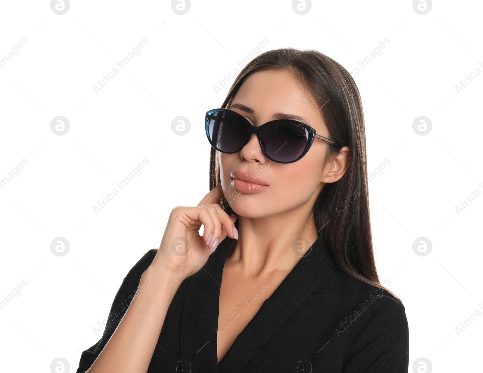 Photo of Beautiful young woman wearing sunglasses on white background