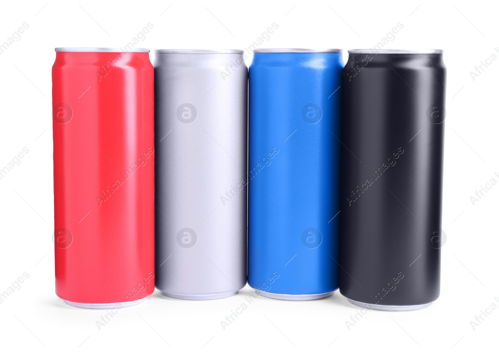 Photo of Energy drinks in colorful cans isolated on white