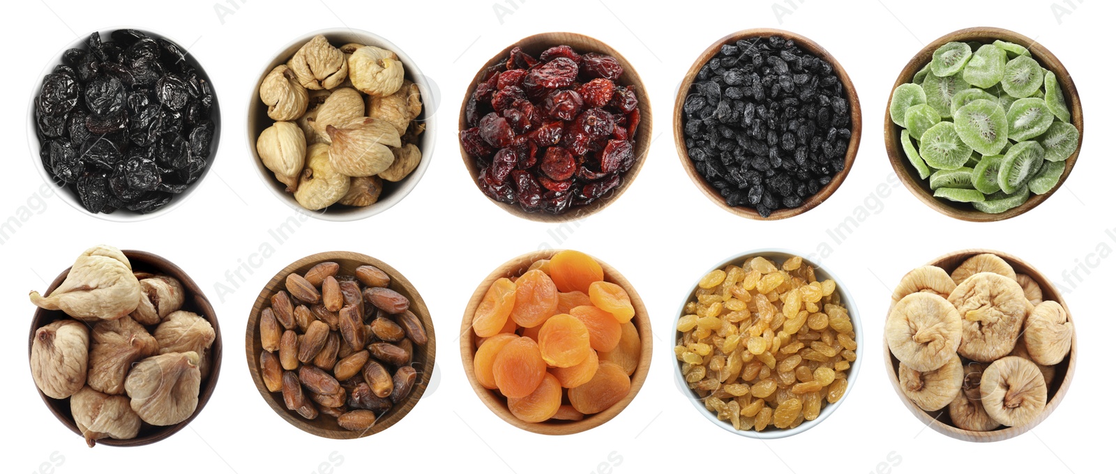 Image of Set of different dry fruits on white background, top view. Banner design