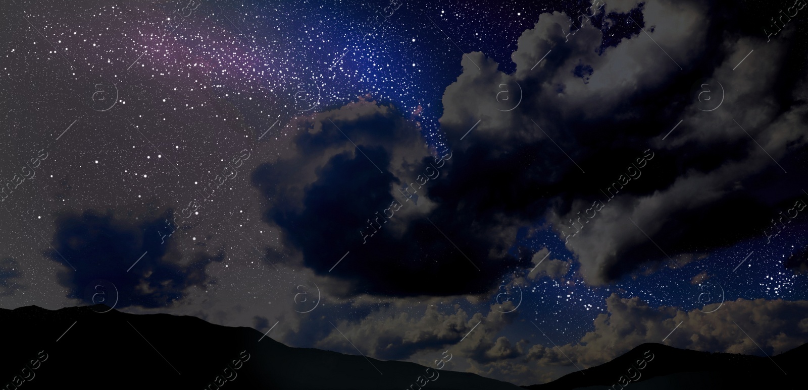 Image of Mountain landscape and beautiful starry sky at night. Banner design