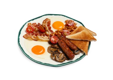 Photo of Plate with fried eggs, mushrooms, beans, bacon, sausages and toasts isolated on white. Traditional English breakfast