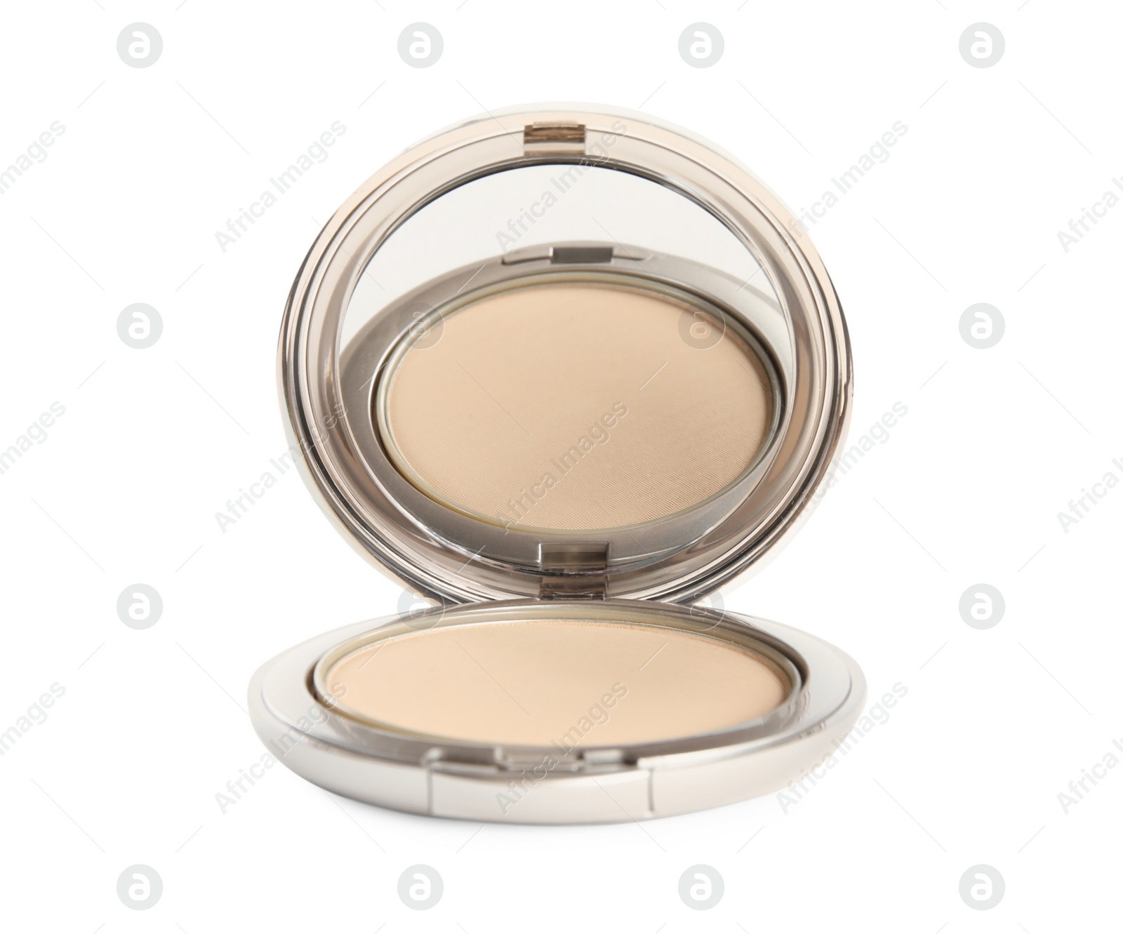 Photo of Grey pocket powder with mirror isolated on white. Cosmetic product