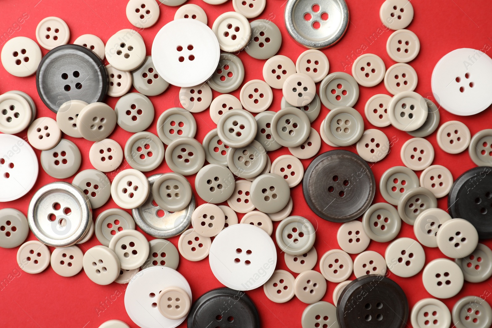 Photo of Many colorful sewing buttons on red background, flat lay