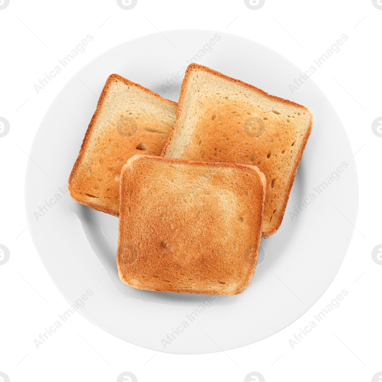 Photo of Plate with slices of delicious toasted bread on white background, top view