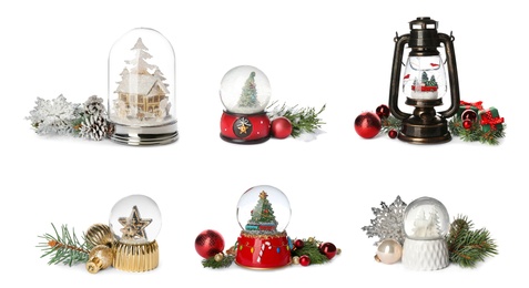 Image of Set of different beautiful snow globes on isolated on white. Banner design