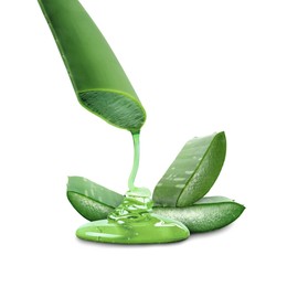 Image of Aloe vera gel flowing down from green leaf on white background