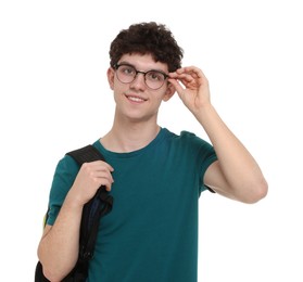 Portrait of student with backpack on white background