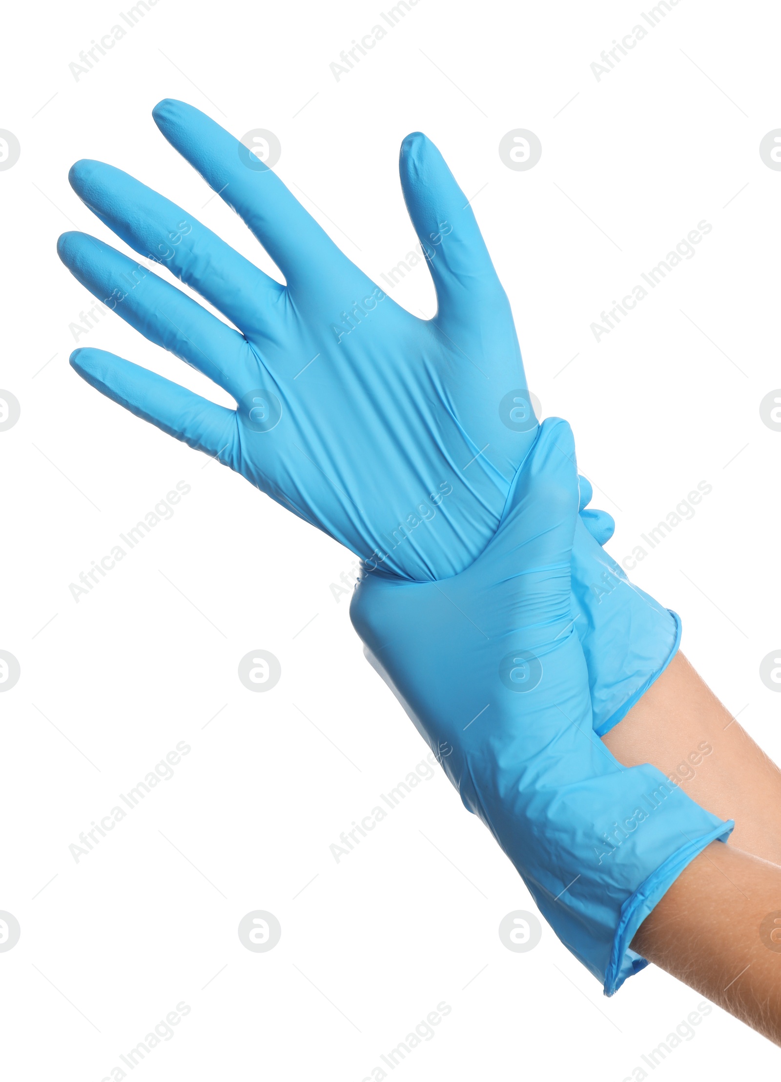 Photo of Doctor wearing medical gloves on white background, closeup