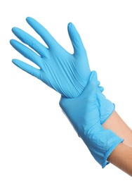 Photo of Doctor wearing medical gloves on white background, closeup