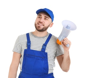Male worker with megaphone on white background