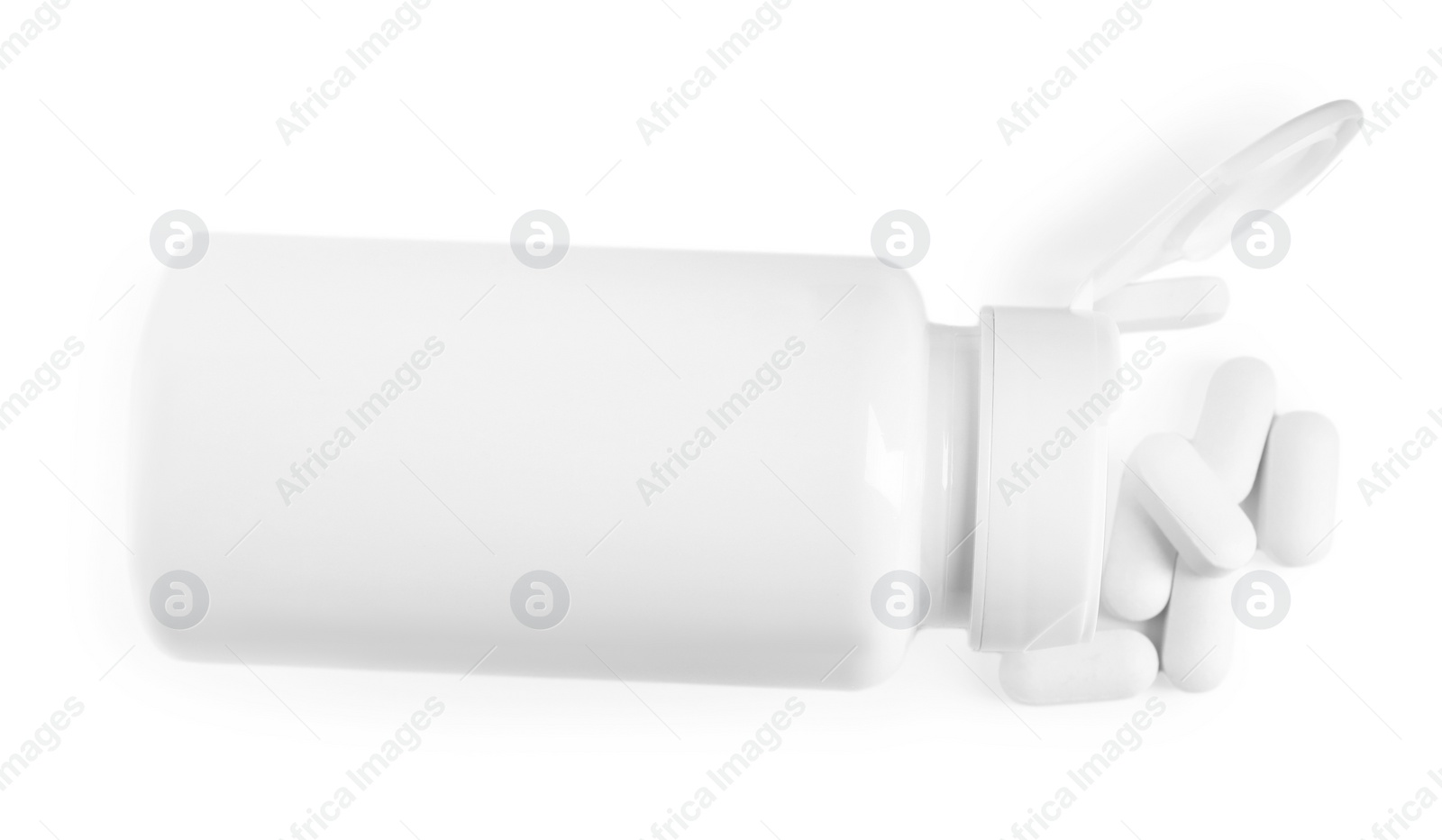 Photo of Bottle with vitamin pills isolated on white, top view