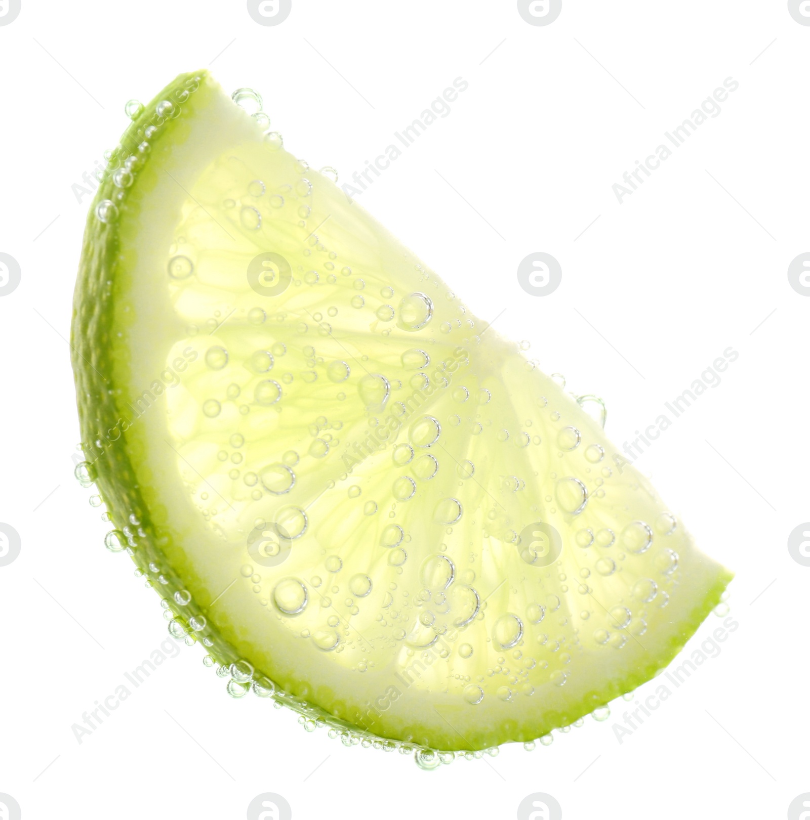 Photo of Slice of lime in sparkling water on white background. Citrus soda