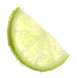 Photo of Slice of lime in sparkling water on white background. Citrus soda
