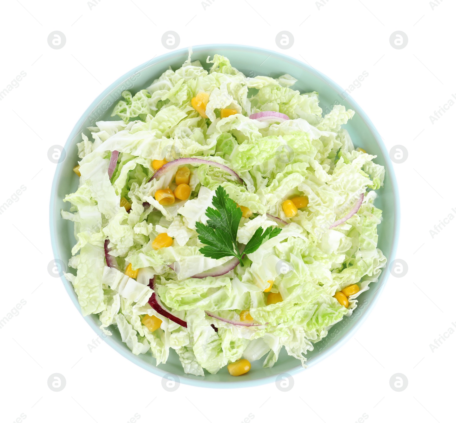 Photo of Fresh napa cabbage salad in plate isolated on white, top view