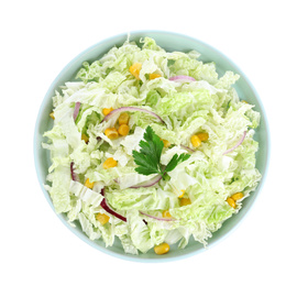 Photo of Fresh napa cabbage salad in plate isolated on white, top view