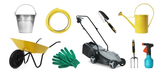 Image of Set with different gardening tools on white background. Banner design