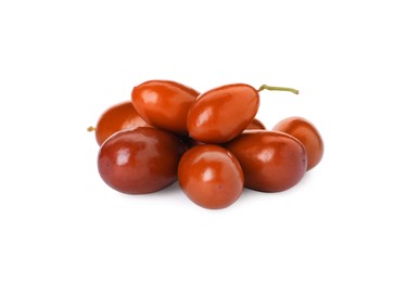 Photo of Heap of ripe red dates on white background