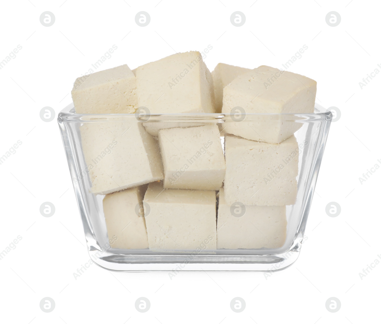 Photo of Glass bowl with delicious tofu isolated on white