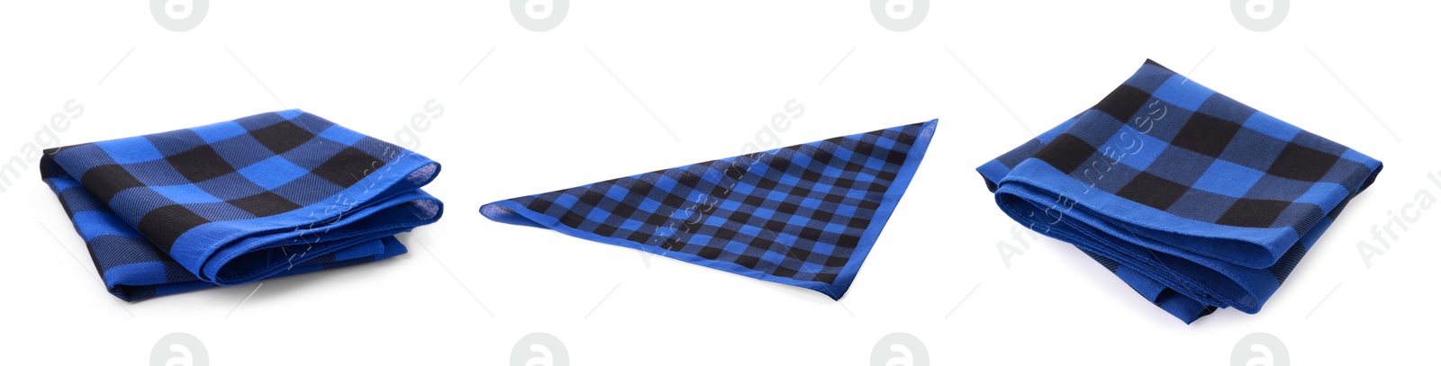 Image of Set with blue and black checkered bandanas on white background. Banner design