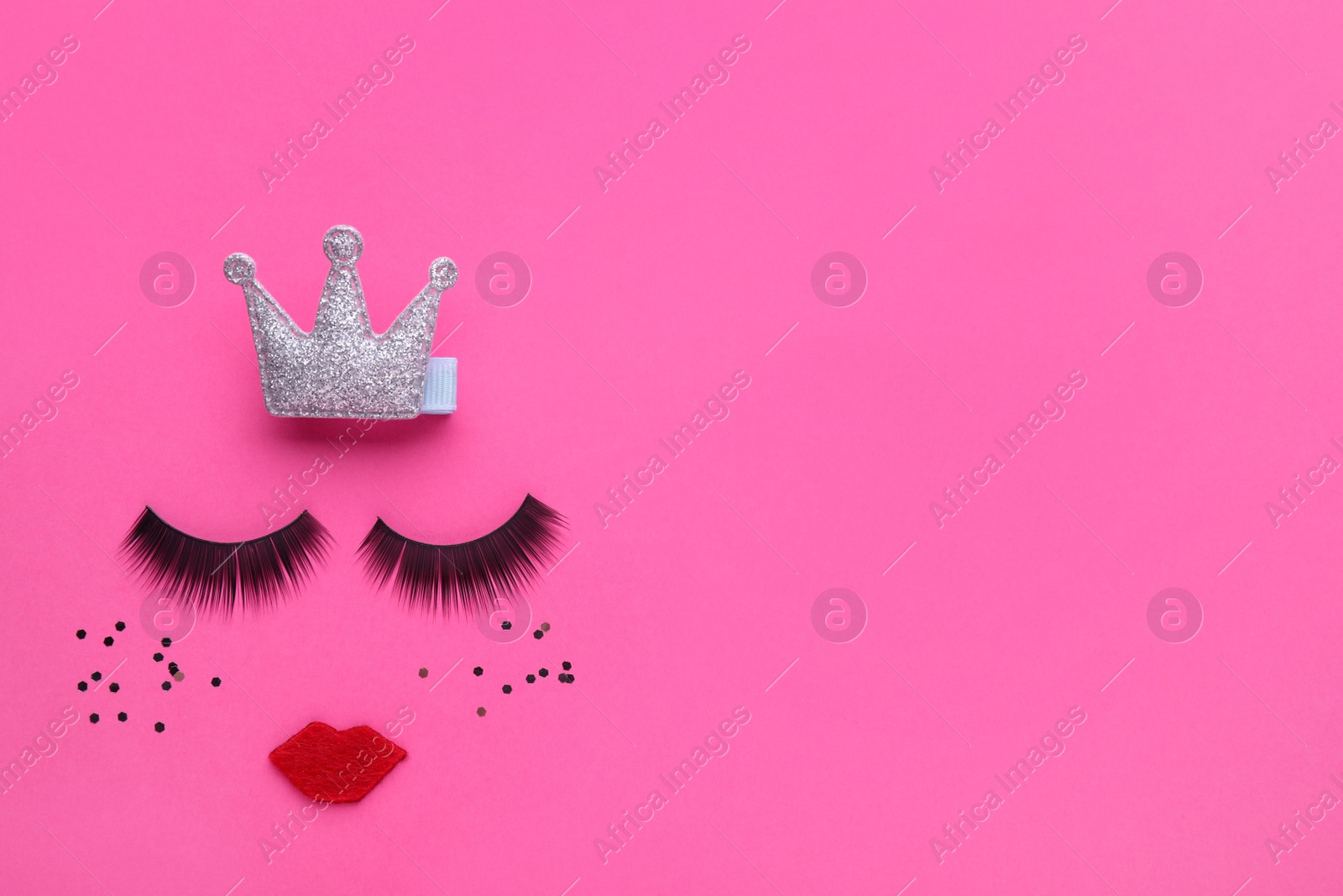 Photo of False eyelashes, red lips and confetti as beautiful face on pink background, flat lay. Space for text