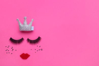 Photo of False eyelashes, red lips and confetti as beautiful face on pink background, flat lay. Space for text