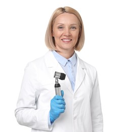 Photo of Happy dermatologist with dermatoscope isolated on white