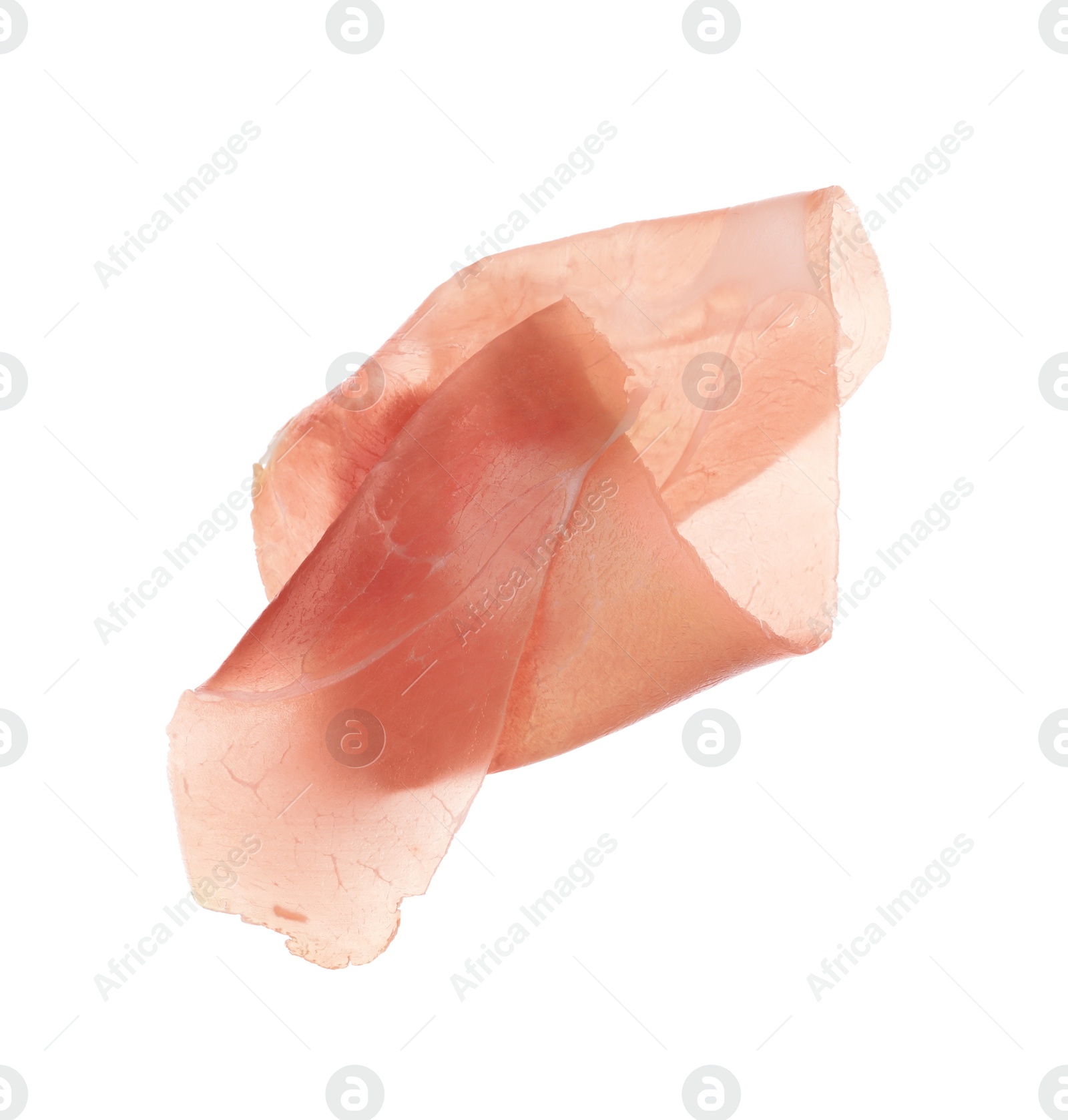 Photo of Slice of tasty prosciutto isolated on white