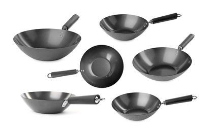 Image of Empty metal woks isolated on white, set