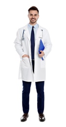 Full length portrait of medical doctor with clipboard and stethoscope isolated on white