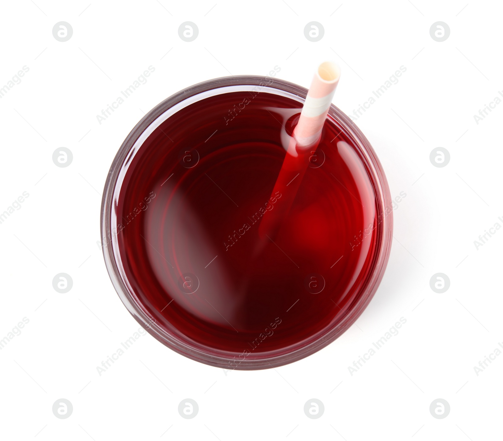 Photo of Fresh pomegranate juice in glass on white background, top view