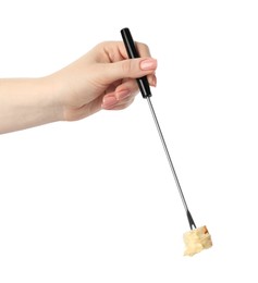 Tasty fondue. Woman holding fork with piece of bread and melted cheese on white background, closeup