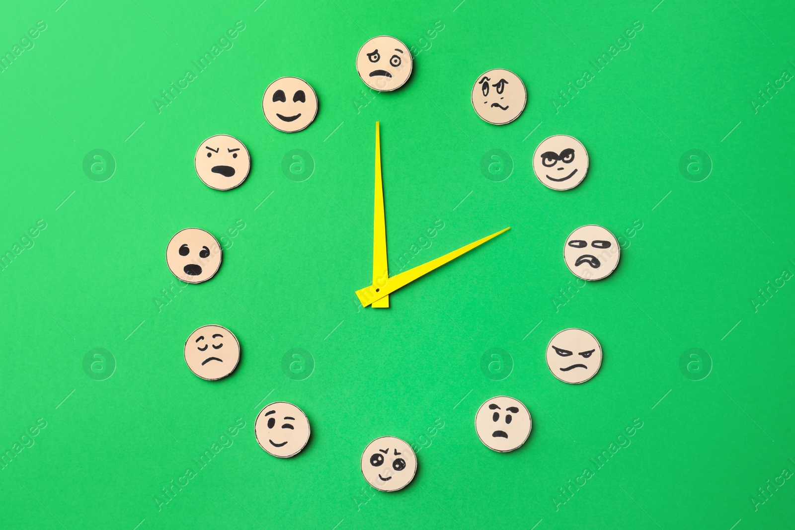Photo of Mood indicator on green background, flat lay. Emotional management
