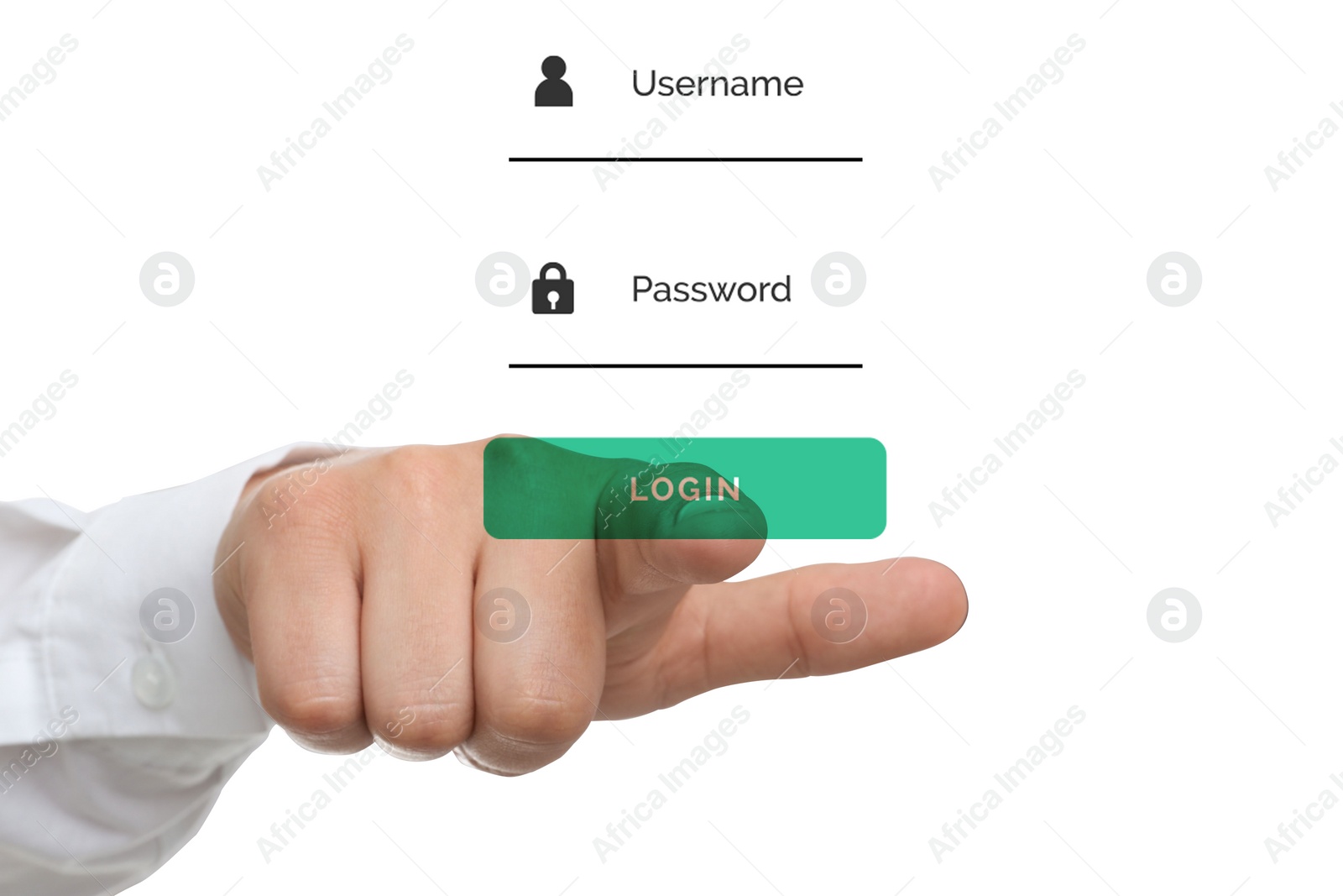 Image of Illustration of authorization interface and man pressing button LOGIN on white background, closeup